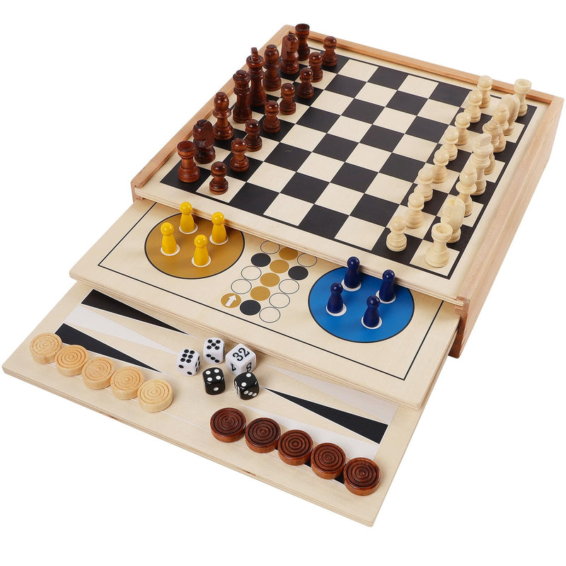 Juegoal 7-in-1 Wooden Board Game Set for Kids Adults, Tabletop Combo Classi