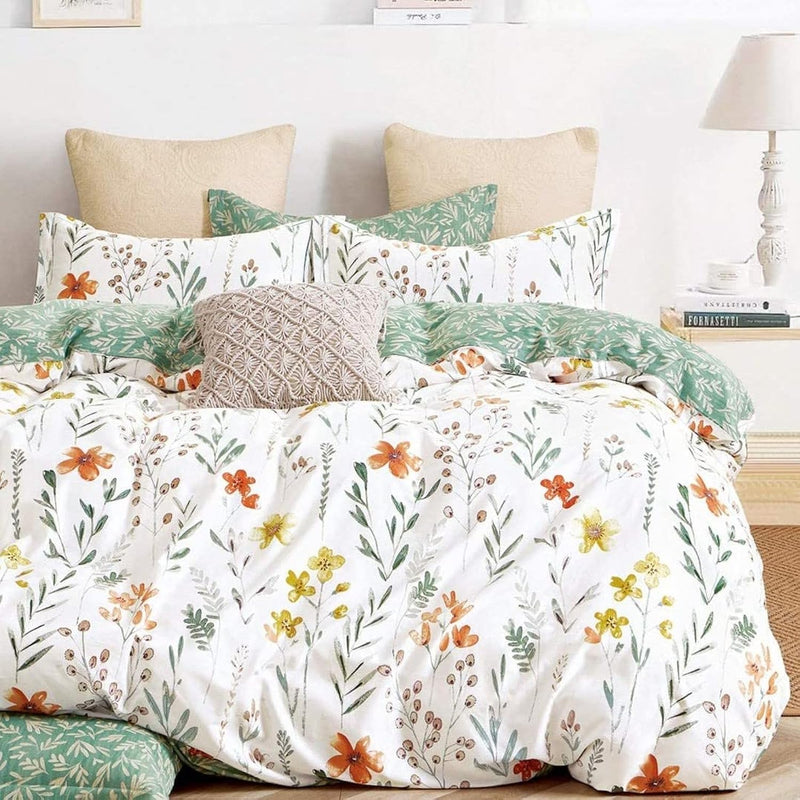 Queen Size Comforter Set Yellow Flowers & Green Botanical Pattern Printed On W