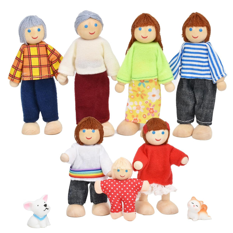Wooden Doll House People Of 7 Miniature Figures And 2 Pets, Dollhouse Dolls