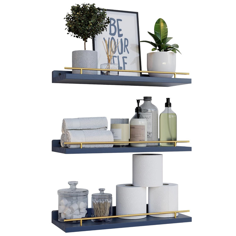 Floating Shelves With Gold Metal Guardrail, Shelves For Wall Decor Set Of 3, W