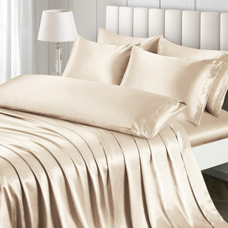 7 Pieces Satin Sheets Set Queen Size, Luxury Silky Beige Satin Bed Sheets Set