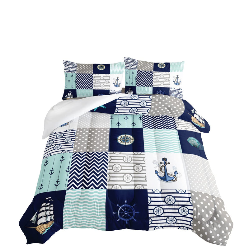 Nautical Comforter Set Full,Plaid Patchwork Ocean Themed Bedding Sailboat And