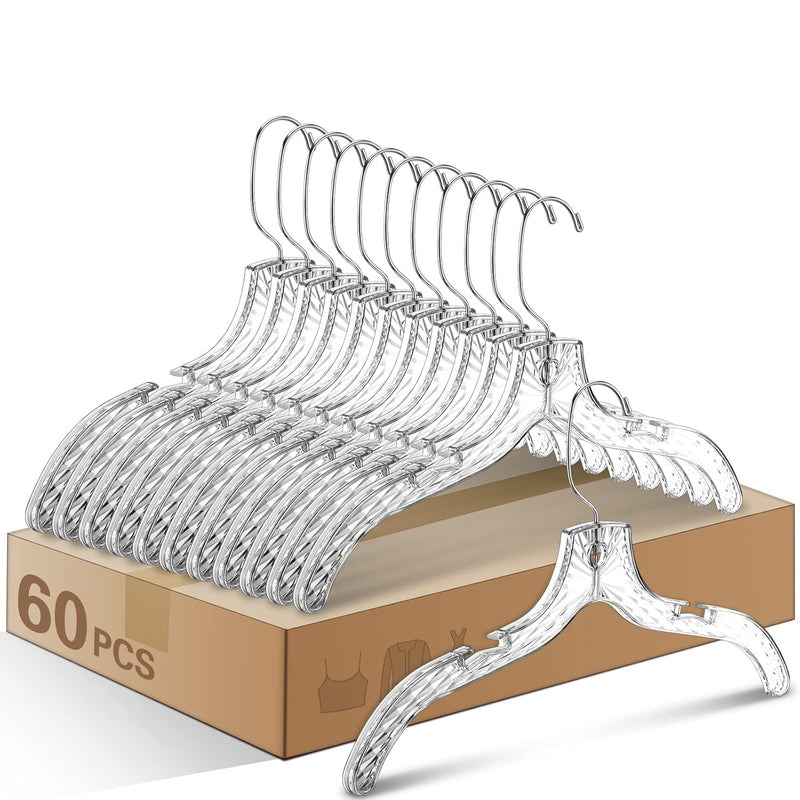 60 Pack Clear Clothes Hangers Bulk 17" Plastic Hangers Crystal Cut Hangers Dress