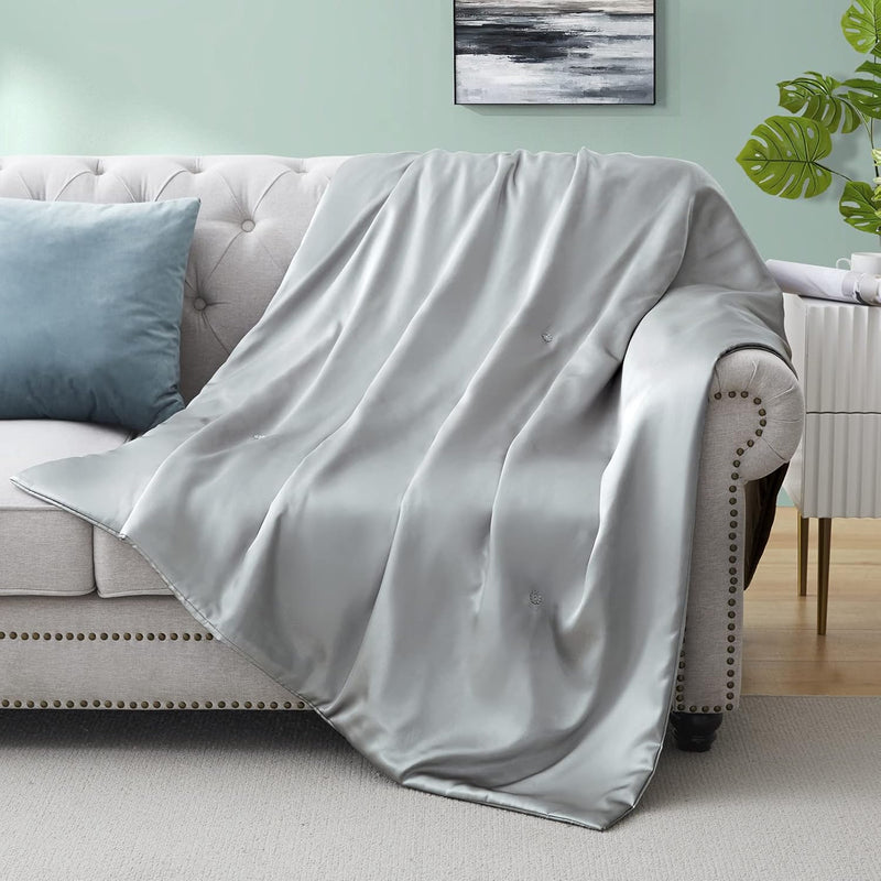 Silk Throw Blanket - Light Grey Cooling Packable Satin Blanket For Couch, Bed,