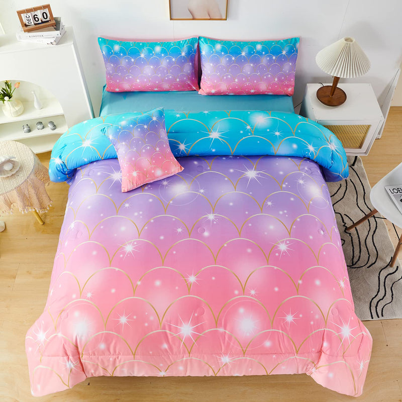 Pink Purple Mermaid Comforter Queen Size 6 Pieces Girls Bedding Set Colorful R