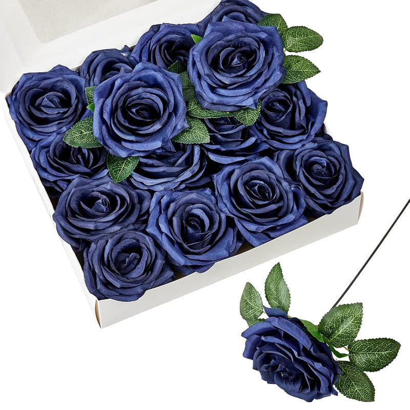 Artificial Flowers Navy Blue Fake Rose Silk Rose 16 Pcs Real Looking Fake Flow