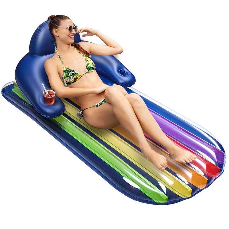 Rainbow Pool Float Lounger, 68" X 35" Extra Large Pool Raft, Inflatable Tan