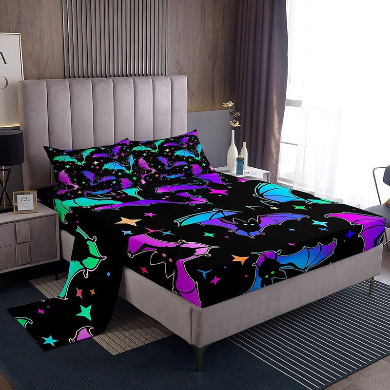 Halloween Bat Bedding Set Queen Size Glitter Stars Galaxy Bed Sheet Set For Ki