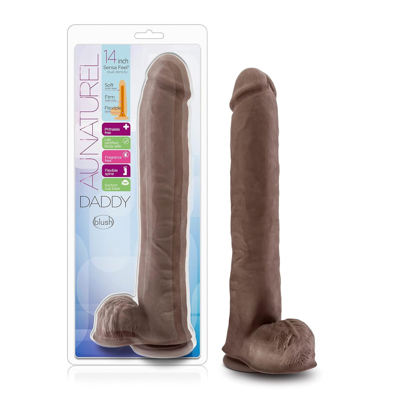 Au Naturel Daddy - Xxl Realistic Dildo 14 Inch Long, 2.5" Thick - Sense Feel Dual Density Cock - Flexible Shaft With Balls - Strong Suction Cup Base - Strap On Harness - Chocolate