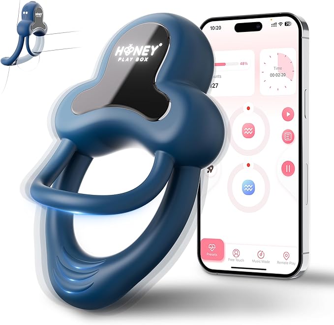 Honeyplaybox Anello Vibrating Cock Ring Sex Toy For Men, Silicone Penis Ring Vibrator With App Control, Dual Motors 9 Vibrations Male Couple Adult Sex Toys & Games (Blue)