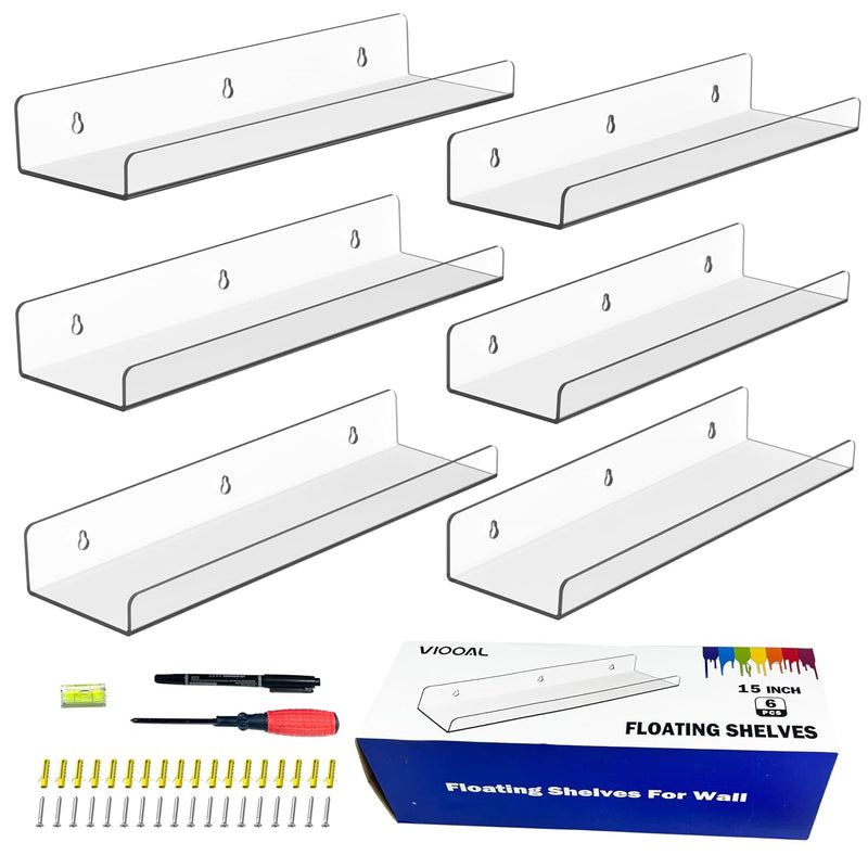 15 Inch 6 Pack Clear Acrylic Floating Wall Shelves,Floating Acrylic Shelves Wa
