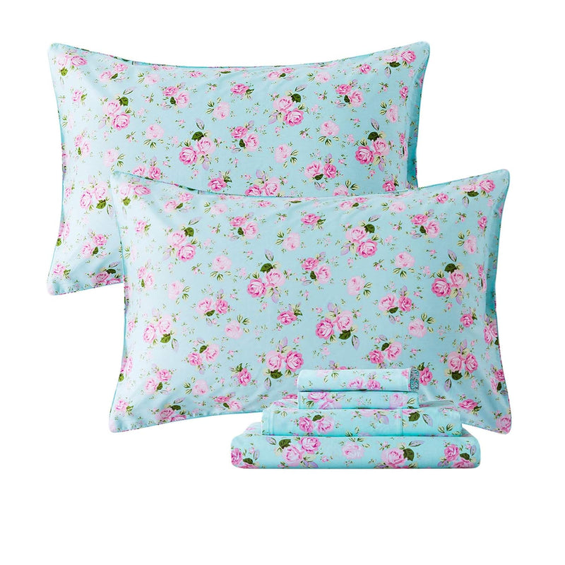 Romantic Rose Floral Sheets Set Twin Shabby Blue And Pink Girls Floral Bedding