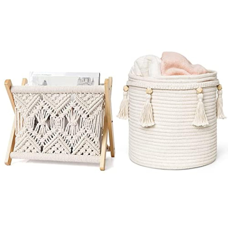 Macrame Magazine Rack And Macrame Laundry Basket Nursery Storage Bin Organizer B