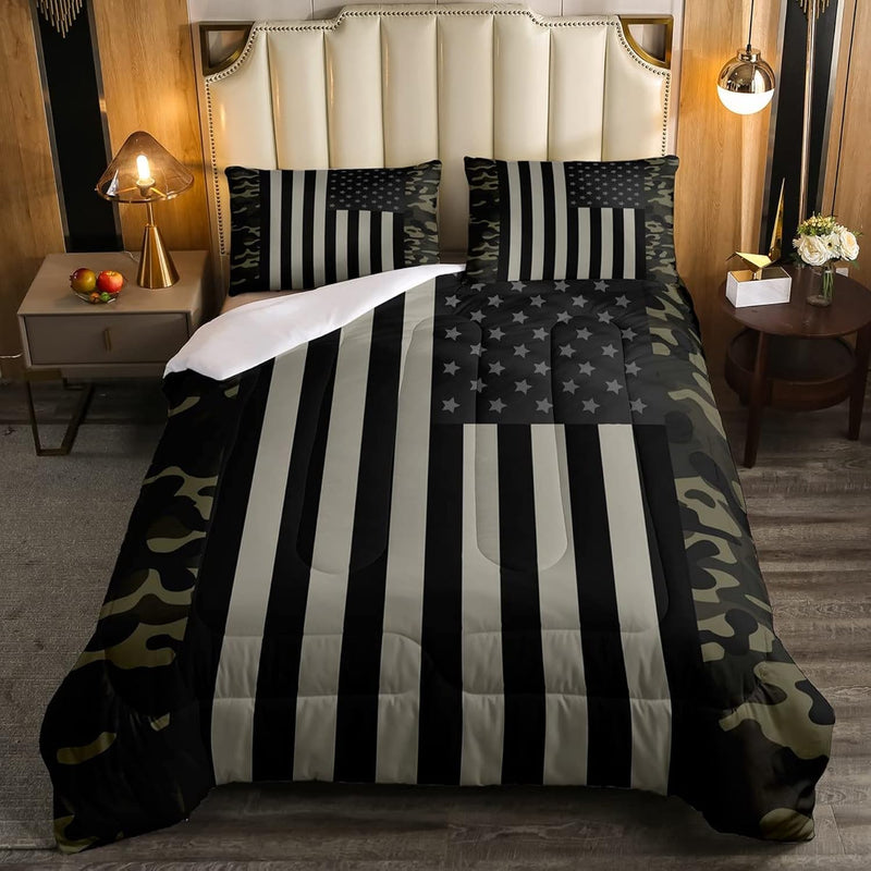 American Flag Comforter Set Queen Military Camo Down Comforter,Retro Army Gree