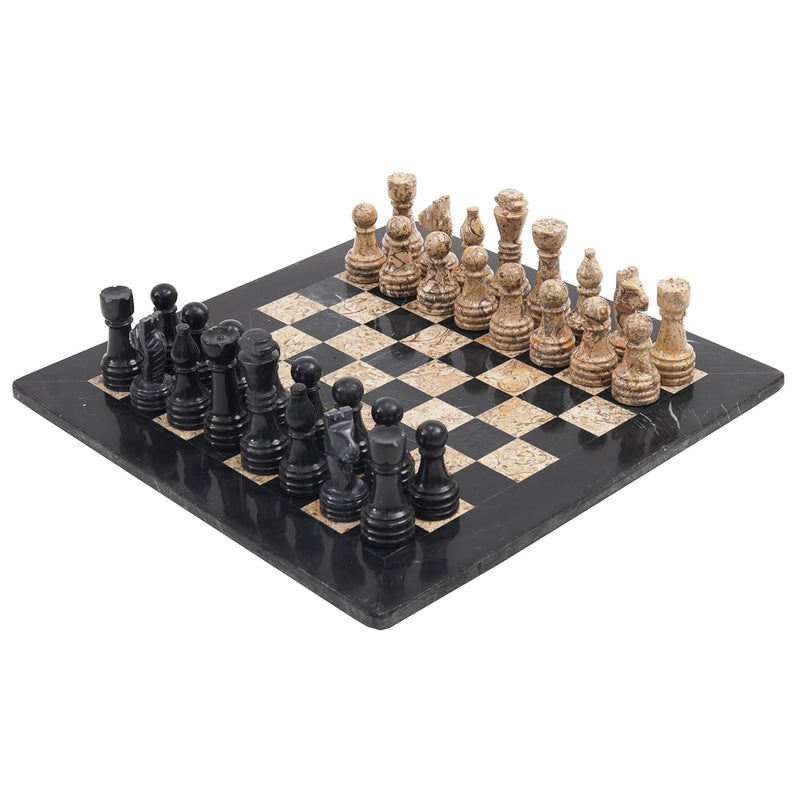 Marble Chess Set 15 Inches Black And Fossil Coral Handmade Board Games For Adu