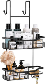 Hanging Shower Caddy Over the Door with Soap Holder, No Drilling Adhesive Shower Organizer with 11 Hooks, Rustproof & Waterproof 304 Stainless Steel Shower Shelves for Bathroom - Black