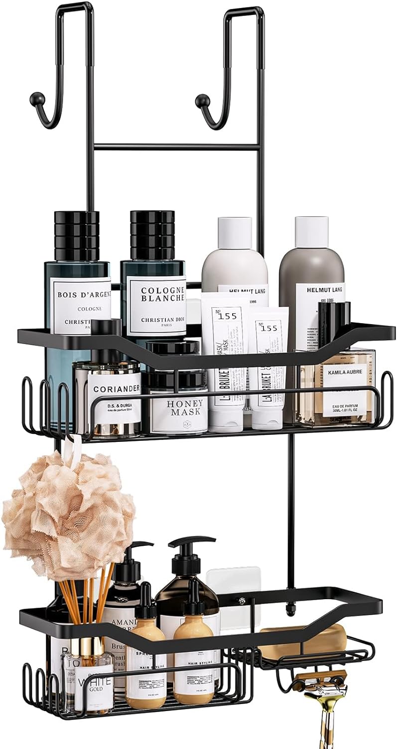 Hanging Shower Caddy Over the Door with Soap Holder, No Drilling Adhesive Shower Organizer with 11 Hooks, Rustproof & Waterproof 304 Stainless Steel Shower Shelves for Bathroom - Black