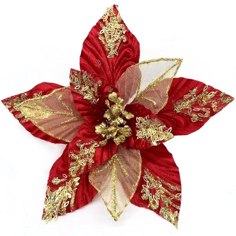10.7’’ Large Velvet Christmas Flowers 6 Pcs Artificial Poinsettia Flower Ornam