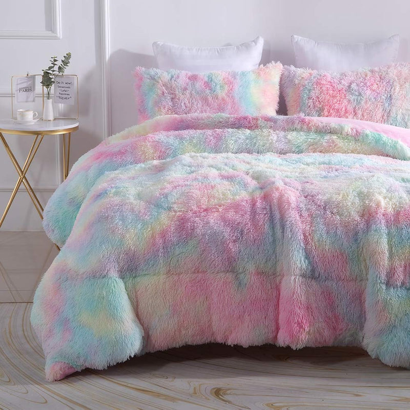 Faux Fur Plush Rainbow Comforter Set Fluffy Fuzzy Shaggy Bedding Set - 3Pc Ful