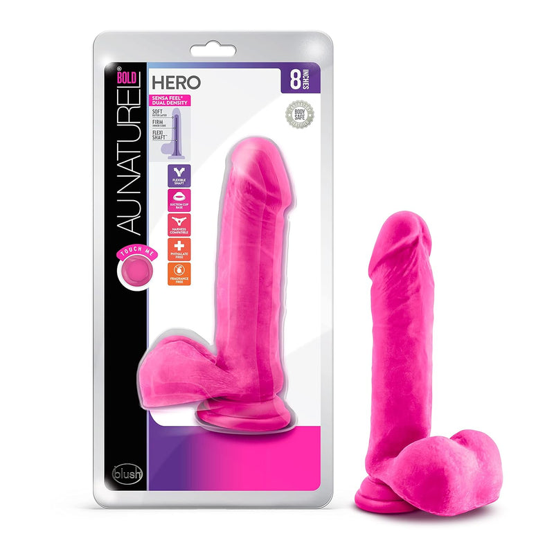 Au Naturel Bold Hero 8 Inch Ultra Soft Realistic Sensa Feel Dual Density Flexishaft Dildo Sex Toy For Women And Men - Pink