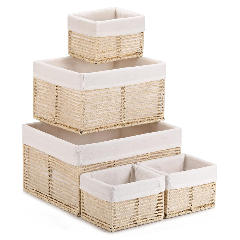 Wicker Storage Basket, Hand-Woven Paper Rope Wicker Baskets, Rectangular Small W