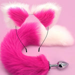 Anal Plug Fox Tail With Ear 15.74-Inch-Long Sexual Anus Tail Butt Plug For Cosplay Game Rose Red & White Sex Toy For Women Men
