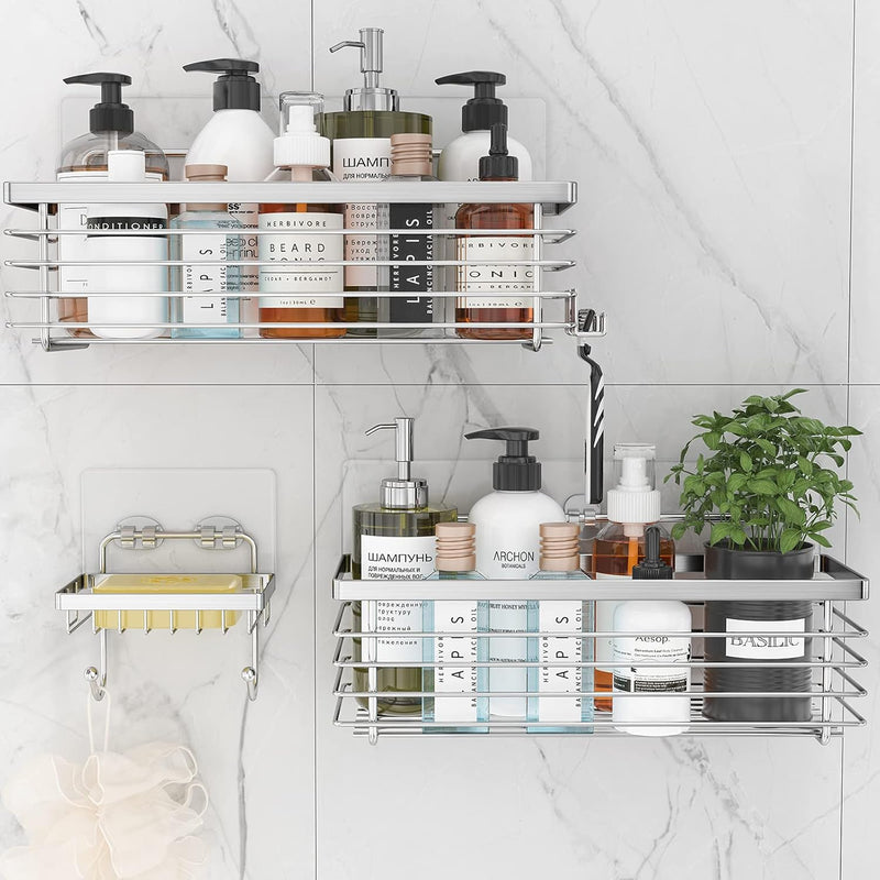 Shower Caddy 3 Pack-Shower Bathroom Shelves Rack,Rustproof Wall Mounted SUS304 Stainless Steel-No Drilling,Adhesive Shower Shelf Suction Cup Shower Basket Organizer-Silver