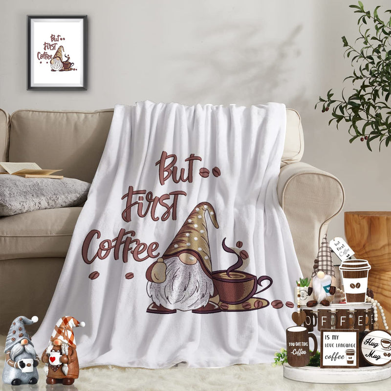 Coffee Gnome Throw Blanket, But First Coffee Blankets For Coffee Lovers, Gnome