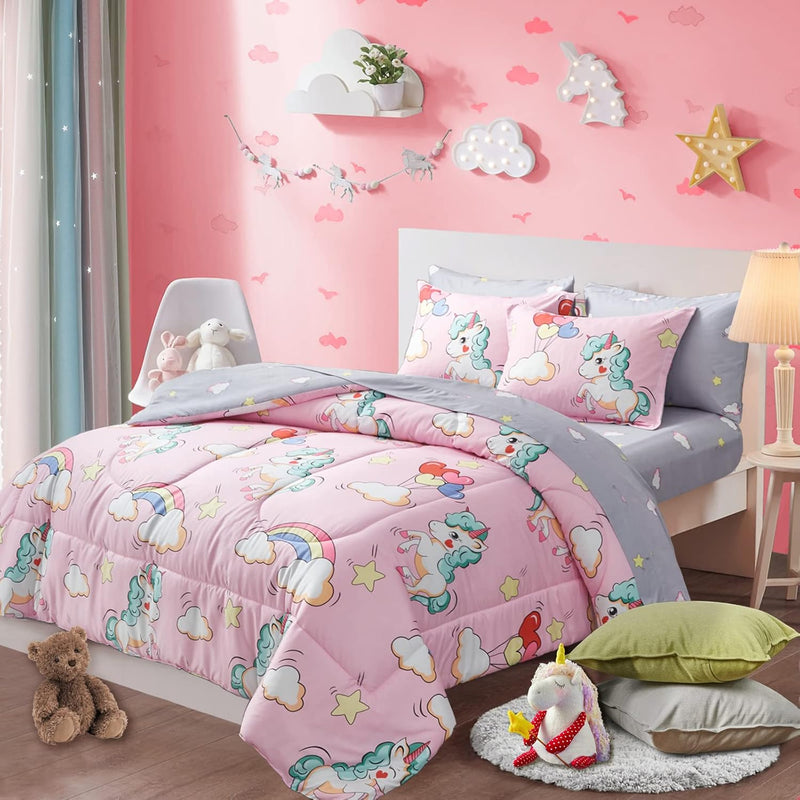 Kids Girls Bed In A Bag 7 Pieces King Size Unicorn Pink Comforter Set - (1 Sof