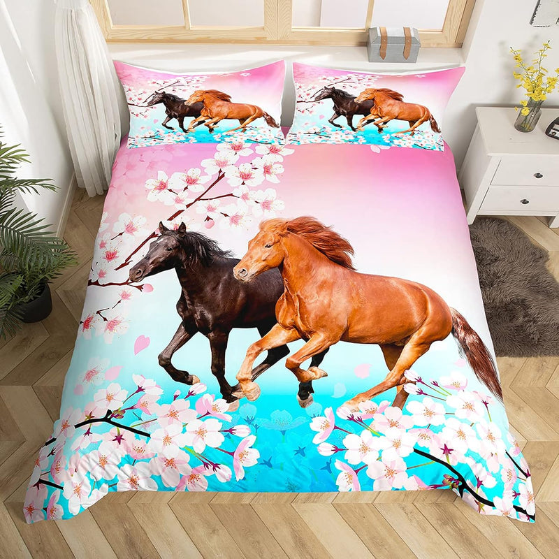Kids Horse Bedding Set Twin Girls Chic Cherry Blossom Bedding Duvet Cover Set