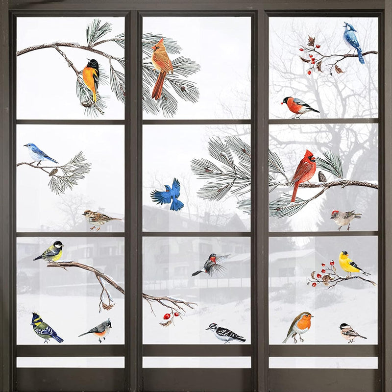 Winter Bird Pine Tree Branch Window Clings 9 Sheet, Cardinal Bullfinch Chickad