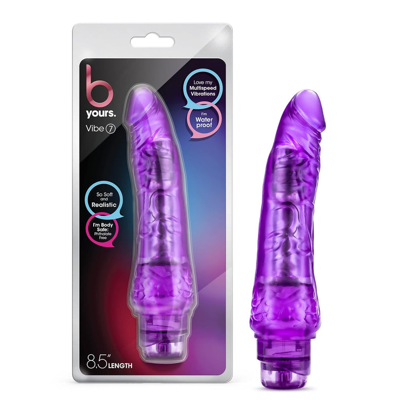 B Yours Vibe #7 - Soft Realistic Multispeed Vibrating Dildo - 8.75 Inch Long, 1.75" Wide Flexishaft Body Conforms To Your Body - Waterproof Vibrator - Sex Toy For Women - Clear Purple