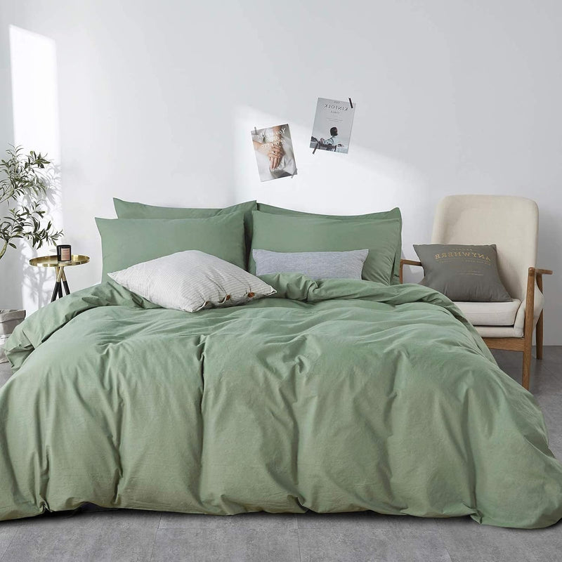Green 100% Washed Cotton Duvet Cover Set, 3 Pieces Luxury Soft Bedding Set Wit