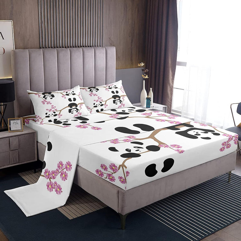 Girls Panda Fitted Sheets Full Size Cherry Blossoms Sheet Set 4 Piece Kids Boy