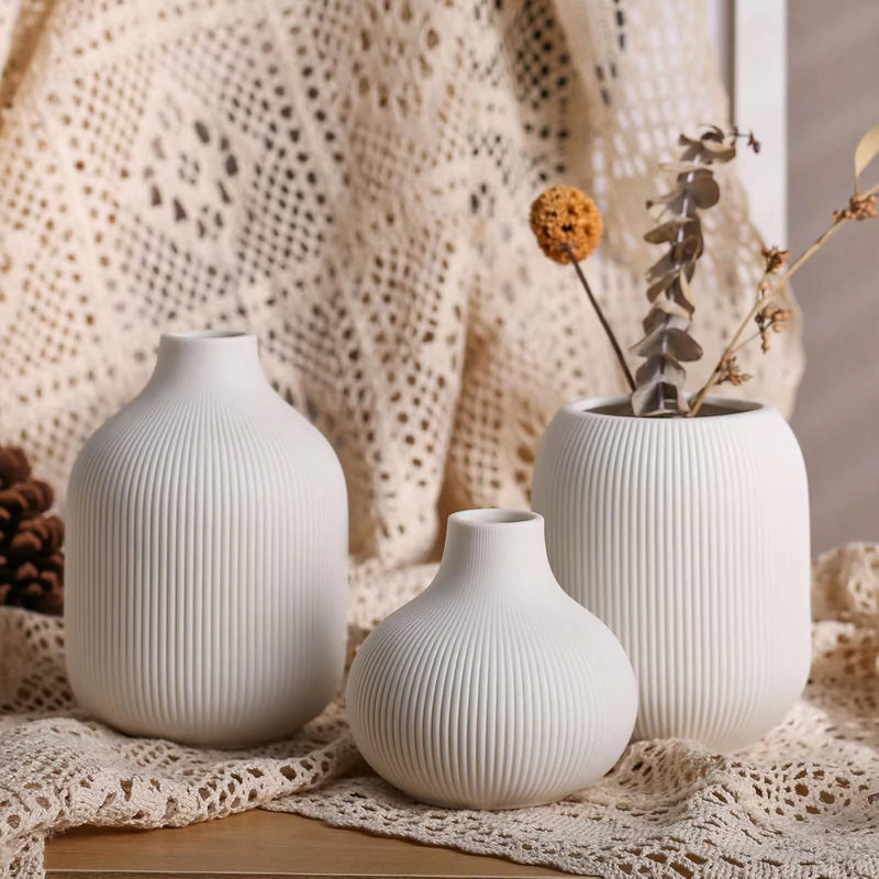 Modern Minimalist White Ceramic Decor Vase Set Of 3, Neutral Small Ribbed Vase