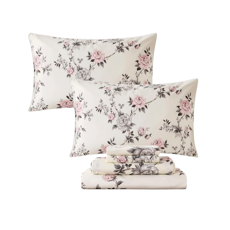 Floral Sheets Set Queen Vintage Rose Floral Bedding Shabby Grey And Pink Peony