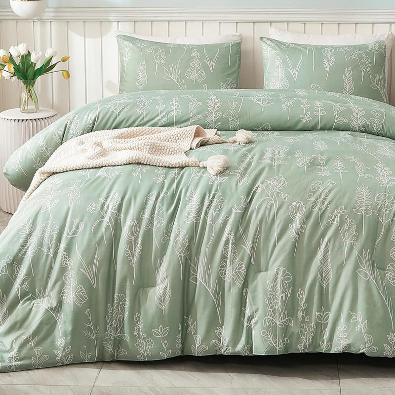 Comforter Full Size Bed Set Sage Green, 3 Pieces Floral Lightweight Bedding Co