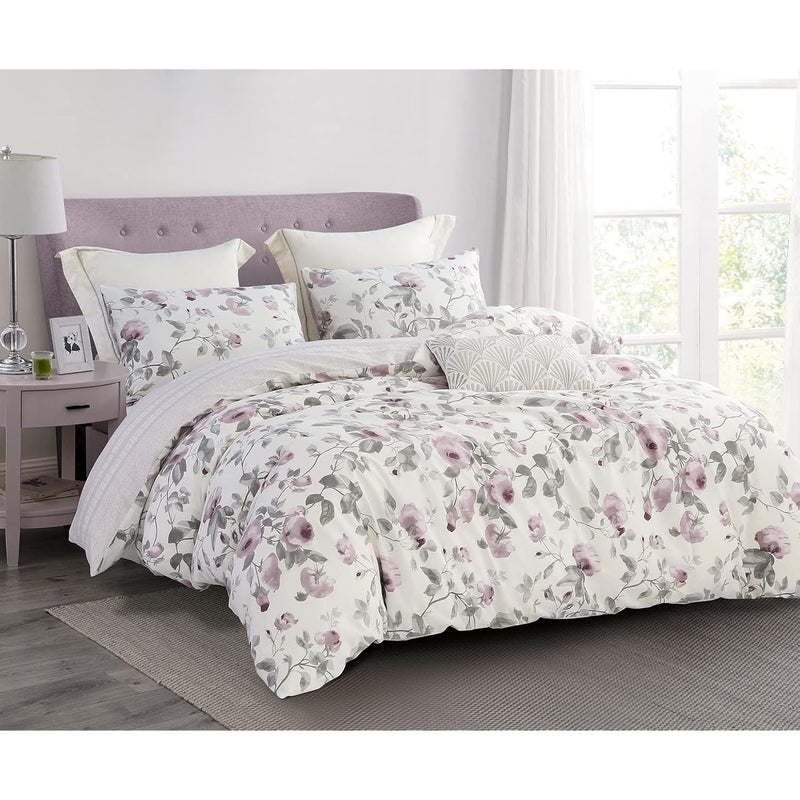 Duvet Cover Queen Size, 600 Thread Count Cotton Blush & Grey Flowers Printed O