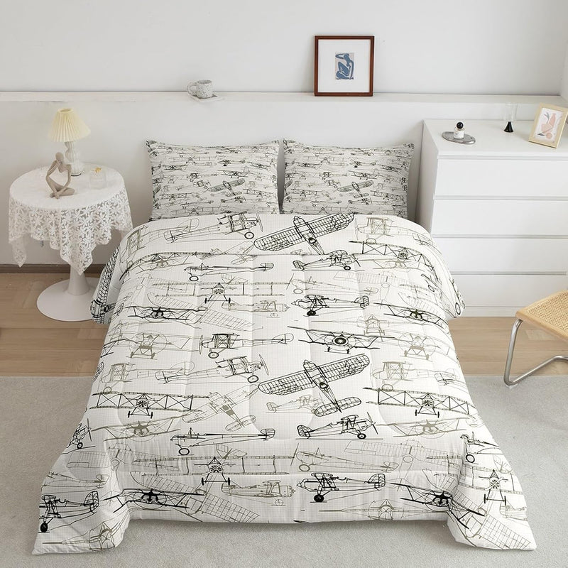 Aircraft Comforter Set King Size Kids Sketch Airplane Bedding Set 3Pcs,Boys Te