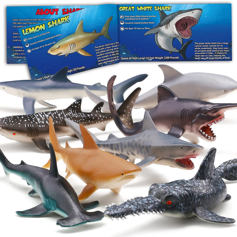 Yeonha Toys 8 Pack Shark Toys with Educational Booklet, Soft Plastic Realis