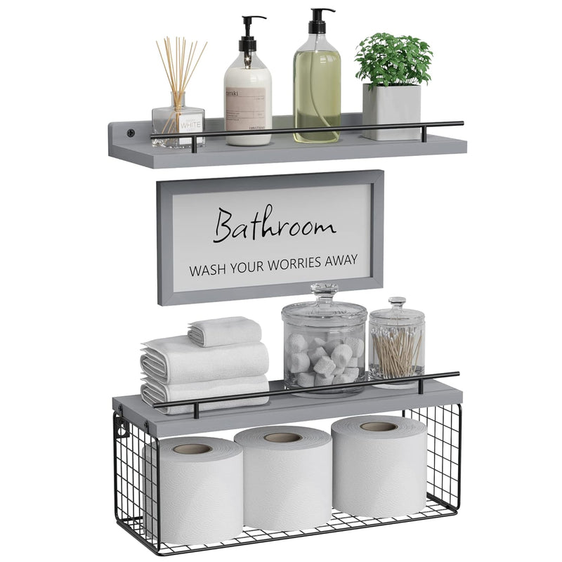 Floating Shelves With Bathroom Wall Décor Sign, Wood Floating Bathroom Shelves