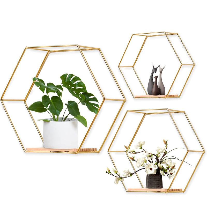 Wall Mounted Hexagonal Floating Shelves Set Of 3 In Different Sizes, Modern Me