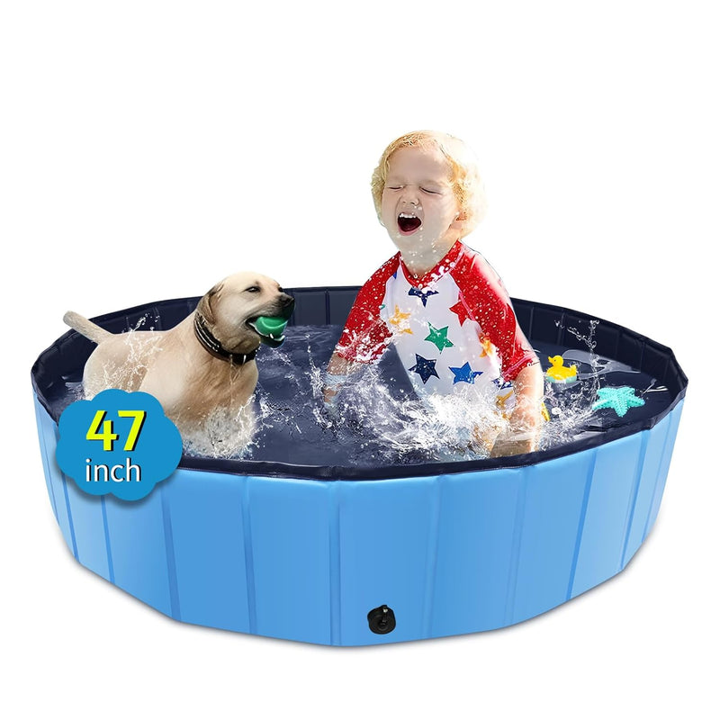 Foldable Dog Pool, 47" X 12" Kiddie Pool With Hard Plastic, Non Slip Dog Ba