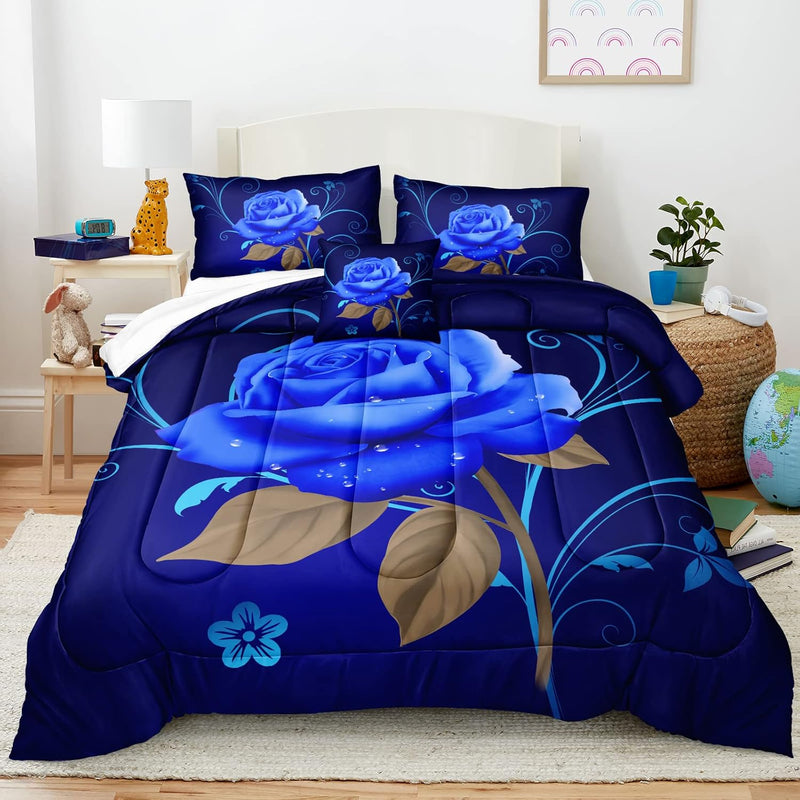 Rose Floral Bedding Comforter Navy Blue Comforter Set 3D Rose Flower Printed G
