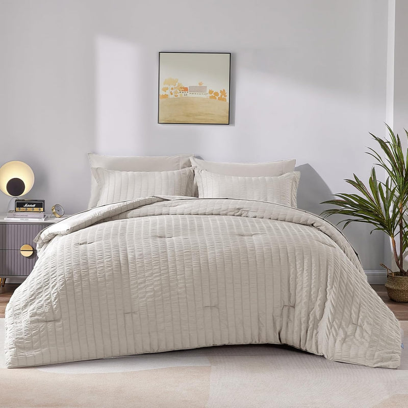 Full Seersucker Comforter Set With Sheets Beige Bed In A Bag 7-Pieces All Seas