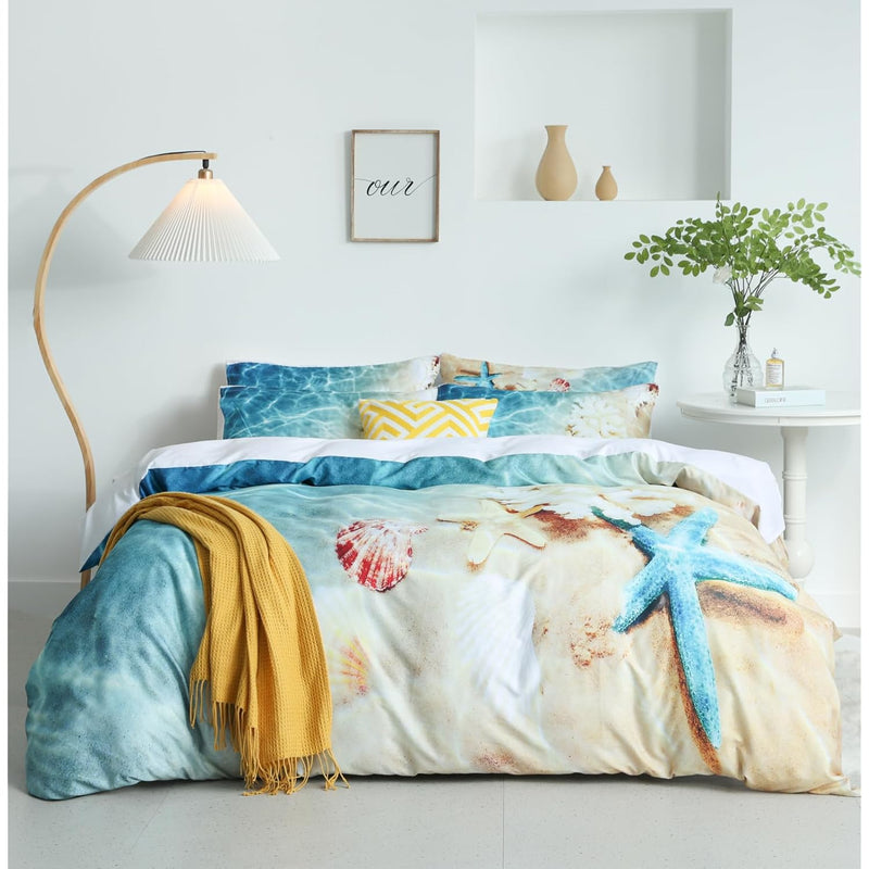Ocean Duvet Cover Twin, Soft Microfiber 3 Pieces 3D Twin Ocean Bedding Set, Be
