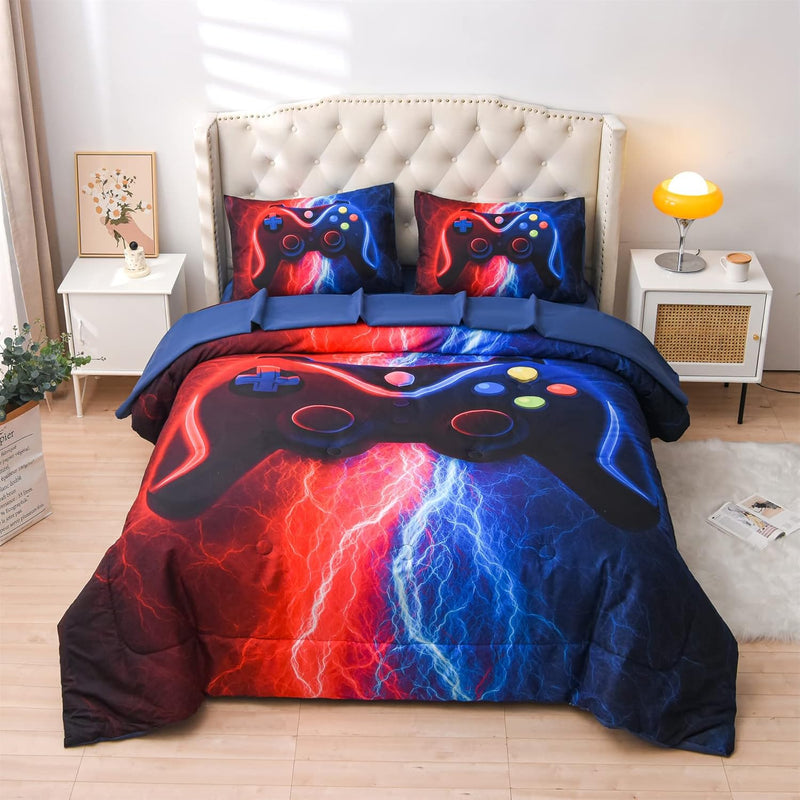 Gamer Gaming Bedding Sets Red-Blue Lightnings Gamepad Comforter Set For Boys G