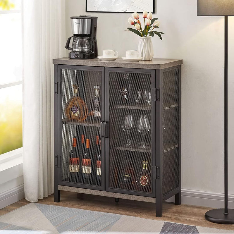 Industrial Coffee Bar Cabinet With Storage, Farmhouse Wood Metal Accent Cabine