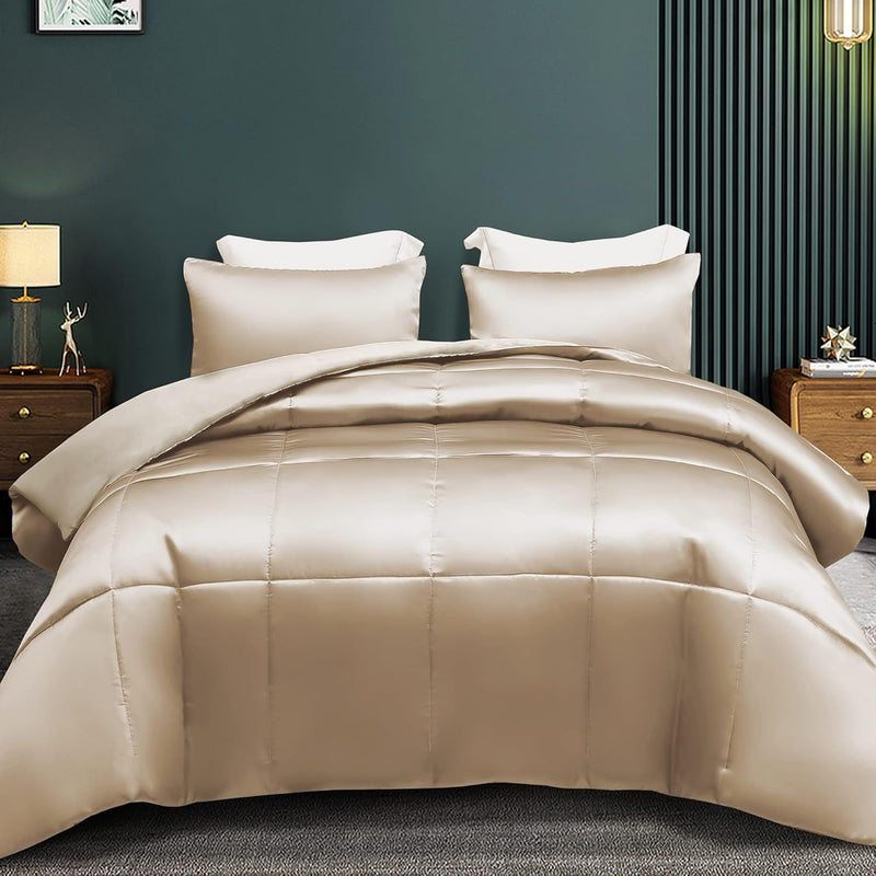 3-Piece Reversible Queen Size Silk Comforter Set/ Bedding Set, Soft Satin Comf