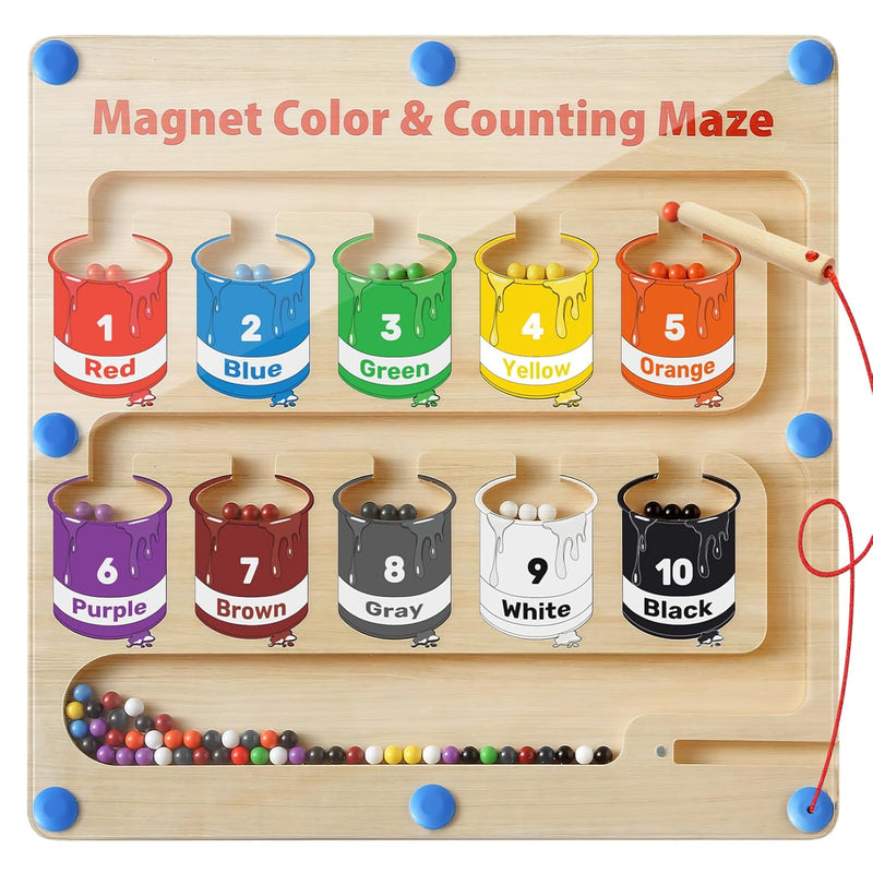 Magnetic Color And Number Maze, Montessori Toys For 3+ Year Old, Wooden Mag